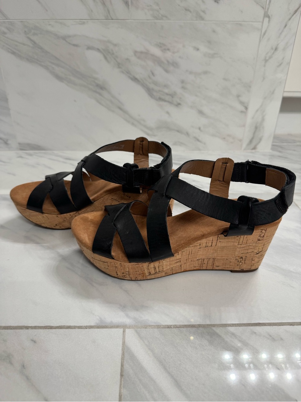 Clarks Artisan Caslynn Cheryl Black Leather Cork Wedge Sandals 9.5 NIB